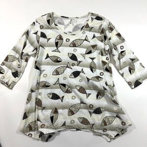 Lulu B Handkerchief Hem Shirt Fish Print Beaded Neutral  Resort Wear